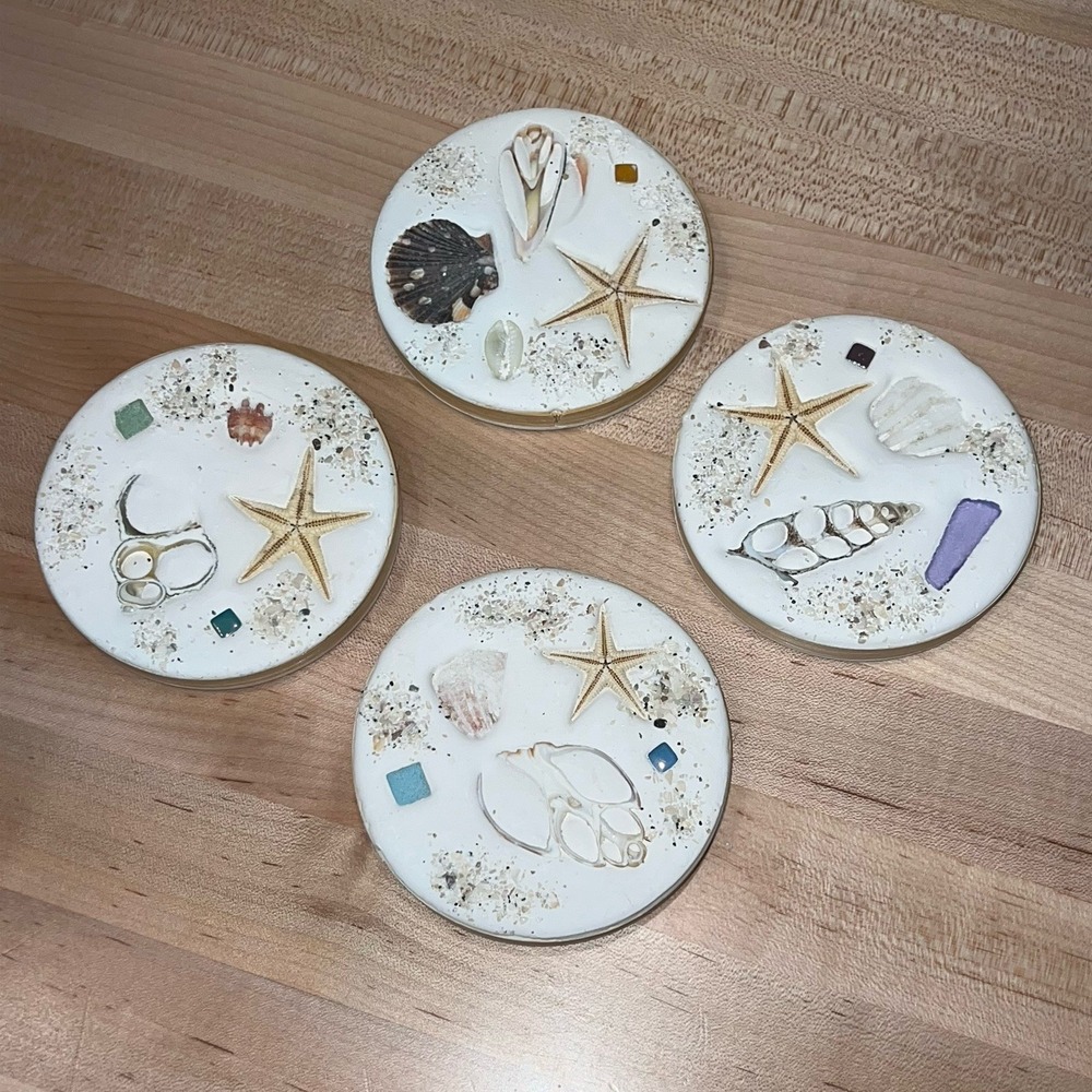 Seashell Coasters Embedded In Ceramic Set Of 4 Beach Ocean Starfish Gift‎